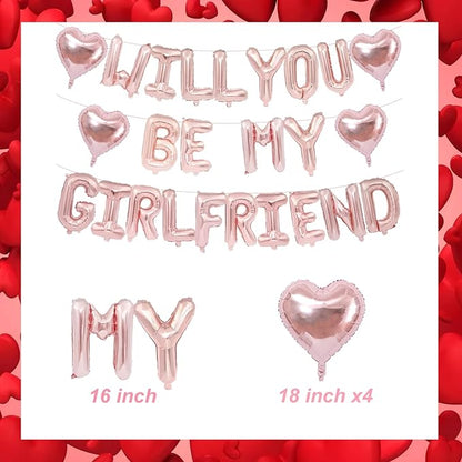 16 Inch Rose Gold Will You Be My Girlfriend Balloons-16 Inch Foil Letters Balloon Rose Gold Heart Balloon Valentines Day Balloons for Wedding Engagements Proposals Party Decorations