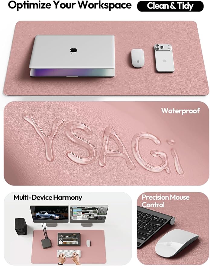 YSAGi Leather Desk Protector, Office Mat, Large Mouse Mat, Non-Slip PU Leather Blotter, Laptop Desk Pad, Waterproof Writing Pad for Office and Home (Pale Mauve, 23.6" x 13.8")