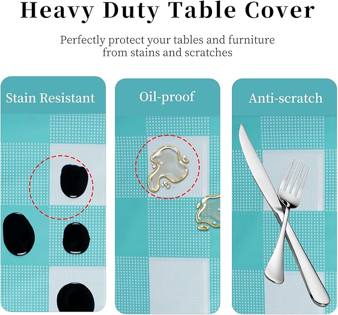 3 Packs Aqua and White Checkered Tablecloth 54x108 Inches Rectangle Gingham Tablecloth Disposable Plastic Waterproof Table Cover for Outdoor Picnic Kitchen and Birthday Party