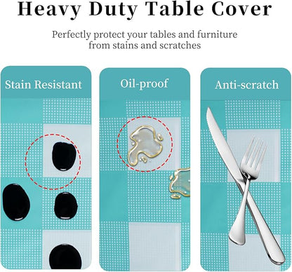 3 Packs Aqua and White Checkered Tablecloth 54x108 Inches Rectangle Gingham Tablecloth Disposable Plastic Waterproof Table Cover for Outdoor Picnic Kitchen and Birthday Party