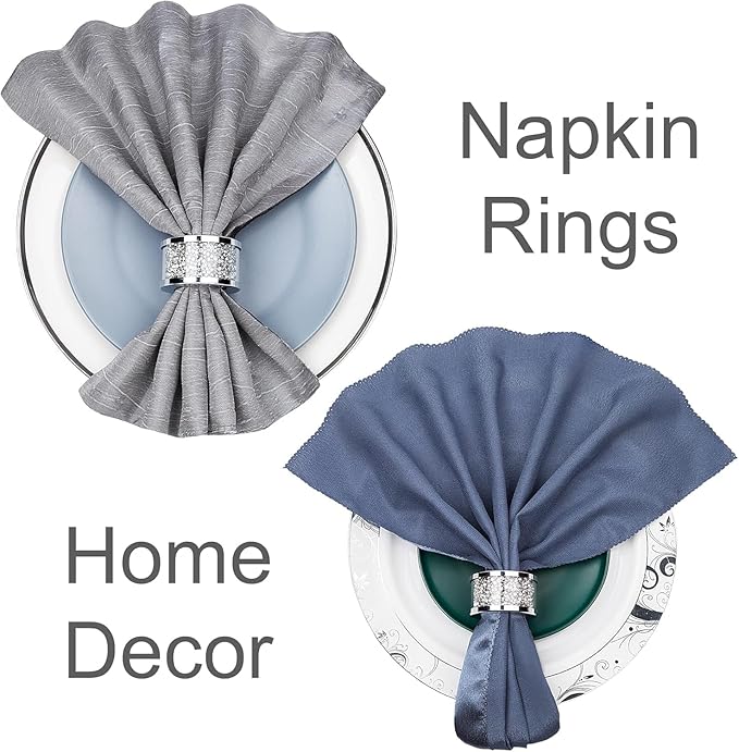 Silver Diamond Napkin Ring Glass Framed, Crystal Dinning Cloth Rings Set of 4 Piece, Glam Serviette Buckle Cloth Holder Sparkle Bling Crushed Diamond Table Decor Accessories