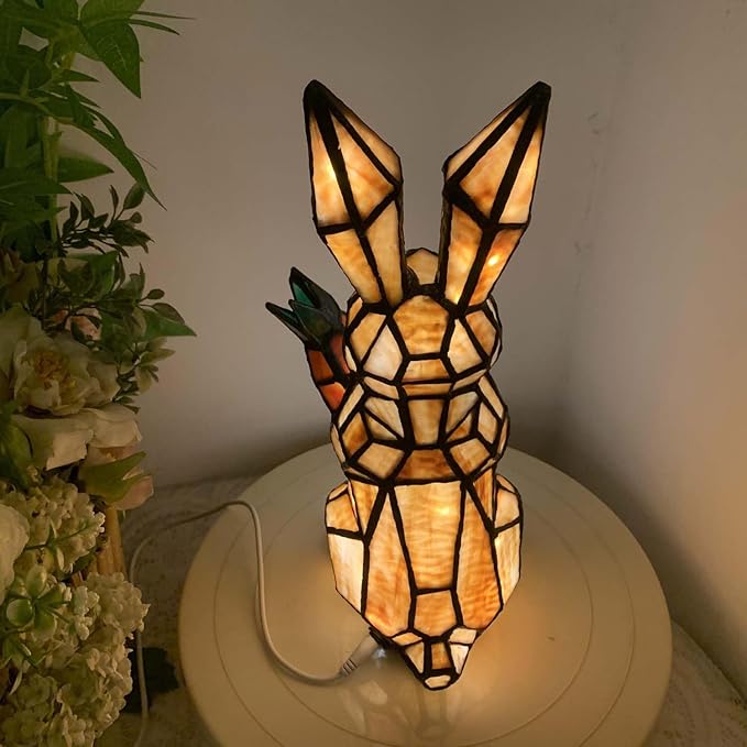 Bieye L10950 Rabbit Holds Carrot Tiffany Style Stained Glass Accent Table Lamp for Home Decor (Brown)