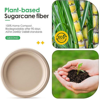 Gezond 150pcs Compostable Paper Plates 9 Inch Disposable Plates Unbleached Heavy Duty Eco-friendly Sugarcane Fiber Biodegradable Plate for Party Picnic