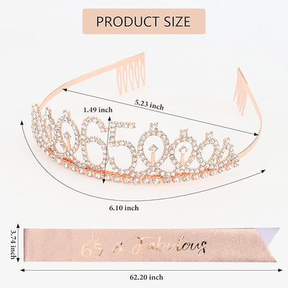 CIEHER 65th Birthday Gift Set for Friends - Crown, Sash, and Pearl Pin for Women, Birthday Party Decorations and Supplies