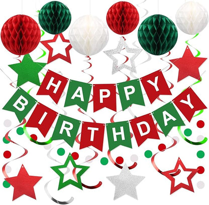 meowtastic Birthday Decorations, Happy Birthday Banner with Honeycomb Balls, Stars Hanging Swirl Streamers, Circle Dots Garland, Happy Birthday Party Decorations for Women Men Boys Girls (Red & Green)