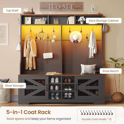 Itaar Hall Tree with Bench and Shoe Storage, 5-in-1 Entryway Bench with Coat Rack, 16 Shoe Cubbies & 12 Coat Hooks, Barn Door & Adjustable Shelf (Black)