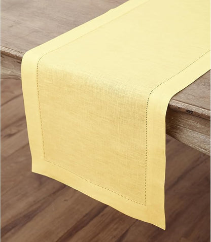 Solino Home Linen Yellow Table Runner 156 Inches Long - 100% Pure Linen Extra Long Table Runner 14 x 156 Inch - Classic Hemstitch