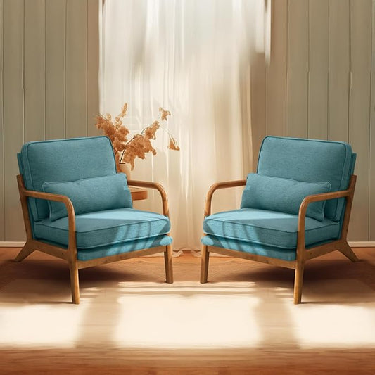 Bonnlo Teal Accent Chairs Set of 2, Upholstered Mid Century Modern Lounge Chairs Reading Chairs Side Sitting Chair Solid Wood Farmhouse Armchairs for Living Room, Bedroom, Guest Room