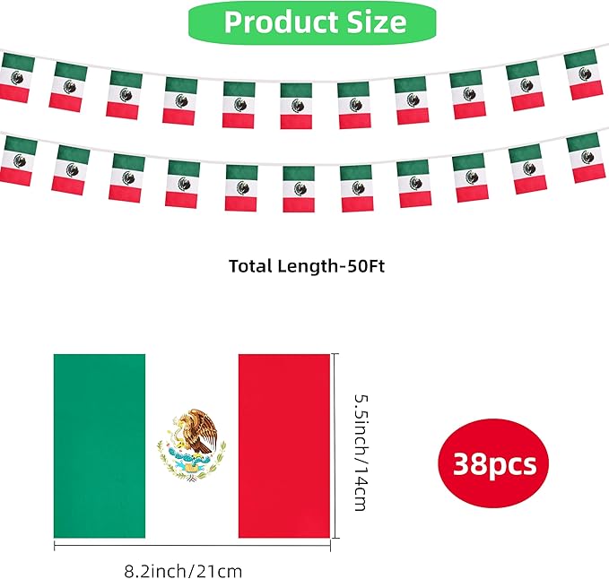Mexico Small String Flags, 50 Feet 38 Pcs Mexican Pennant Banner Bunting Flags, Patriotic Events, Independence Day, Country Festival, Commemoration, Decorations (Mexico)