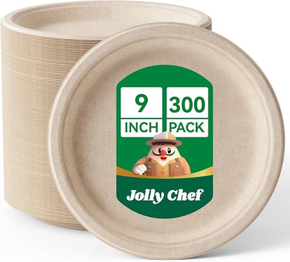 JOLLY CHEF Compostable Heavy Duty Plates 9 Inch [300 Pack] Eco-Friendly Disposable Natural Paper Plates Bagasse Biodegradable Bulk for Party Dinner Sugarcane Fibers Lunch Christmas (Brown)