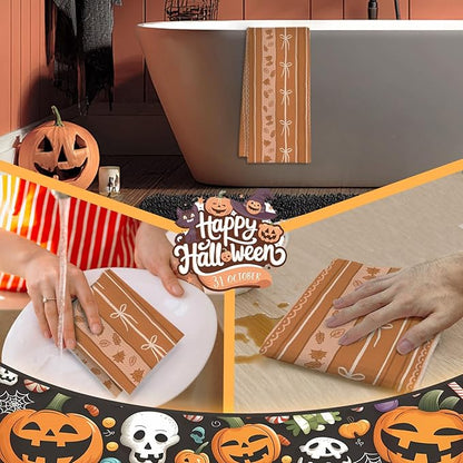 Orange Beige Fall Kitchen Towels, Coquette Bow Autumn Pumpkin Dish Tea Towels for Kitchen Decor, Farmhouse Fall Thanksgiving Decorative Hand Towel for Bathroom, 16x24 Inches