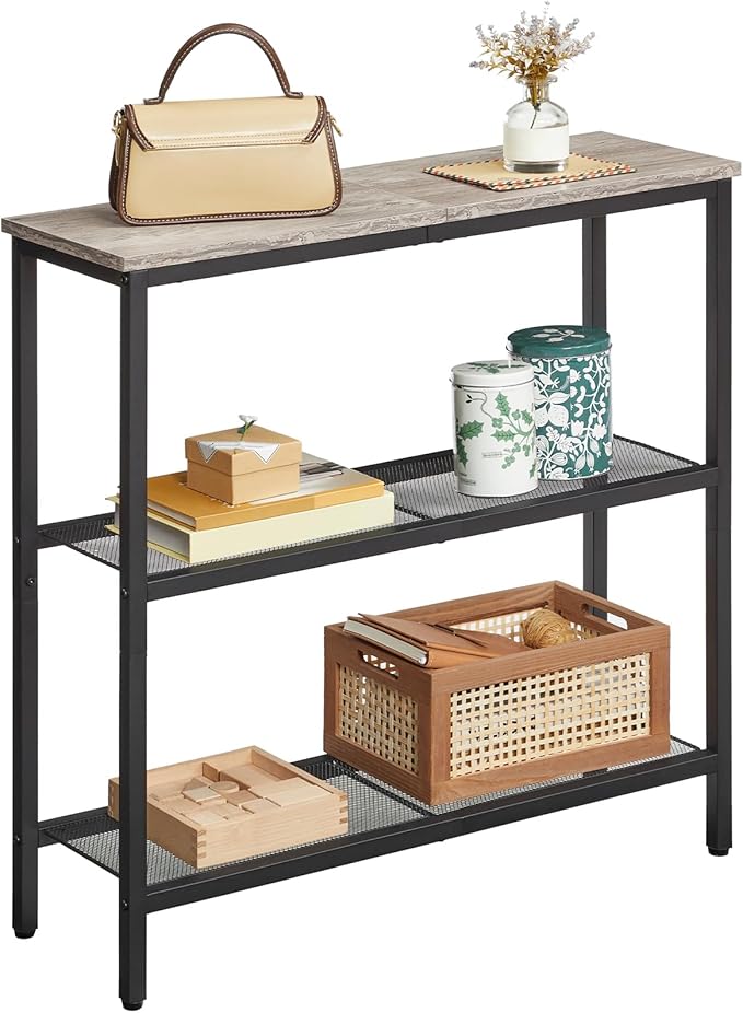 HOOBRO 29.5" Narrow Console Table, 3-Tier Entryway Table, Thin Sofa Table with Shelves, Side Table, Display Table, for Hallway, Entrance, Living Room, Bedroom, Greige and Black BG73XG01