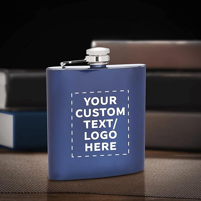 Custom Murano Stainless Steel Hip Flasks 6 oz. Set of 100, Personalized Bulk Pack - Screw on Cap, Great for Wedding Party Gifts, Groomsmen Gifts, Outdoor Activities - Blue