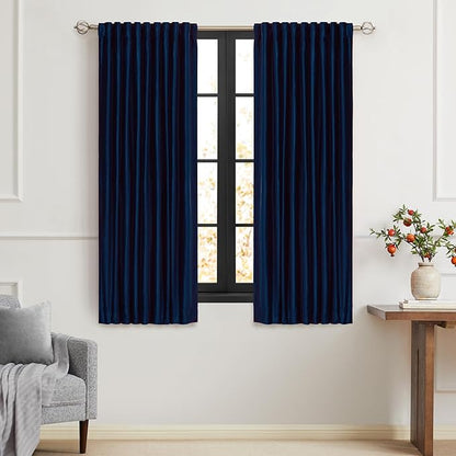 PRIMROSE Navy Blue Velvet Curtains 63 inch Long for Living Room,Set of 2 Panels Blackout Rod Pocket Back Tab Window Treatment Room Darkening Heavy Decorative Curtains Drapes for Bedroom