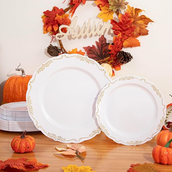 U-QE 100PCS Gold Thanksgiving Plates Disposable - Heavy Duty White and Gold Plates Including 50PCS 10'' Dinner & 50PCS 7.5'' Dessert Plates Perfect for Upscale Party, Wedding