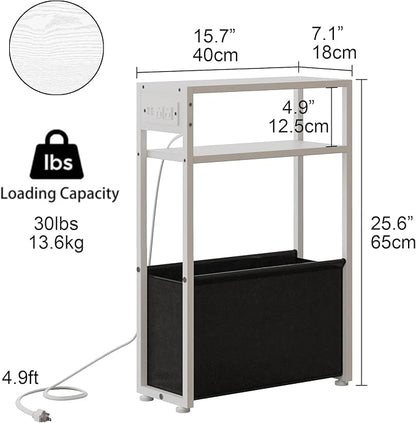 White Side Table with Charging Station, Slim End Tables with Fabric Basket, Skinny Table for Small Spaces, Thin Bedside Table for Living Room, Bedroom