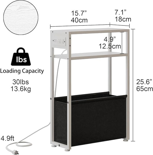 White Side Table with Charging Station, Slim End Tables with Fabric Basket, Skinny Table for Small Spaces, Thin Bedside Table for Living Room, Bedroom