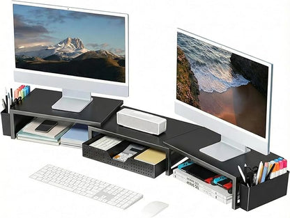 OPNICE Desk Organizers and Accessories, Dual Monitor Stand Riser with Drawer and 2 Pen Holders, Desk Shelf Metal Computer Racks for Office Workspace Organizers, Desktop Organization (Black Metal)