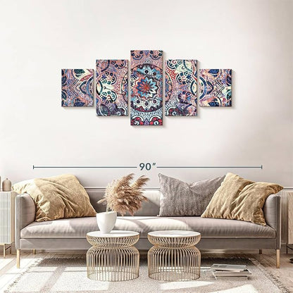 ElephantStock - Mandala Enchantment Wall Art - Horizontal Multi Panel Canvas - 5 Piece Living Room Wall Decor - Digital Art Elements Multi Piece Wall Art - Blue And Beige Decor - 68" x 30"