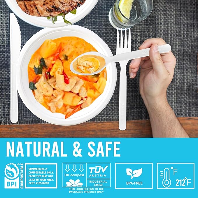 250 Count Large Compostable Forks Spoons Knives Flatware Set, White Heavy-duty Disposable Cutlery Eating Utensils (7 in.) BPI Certified