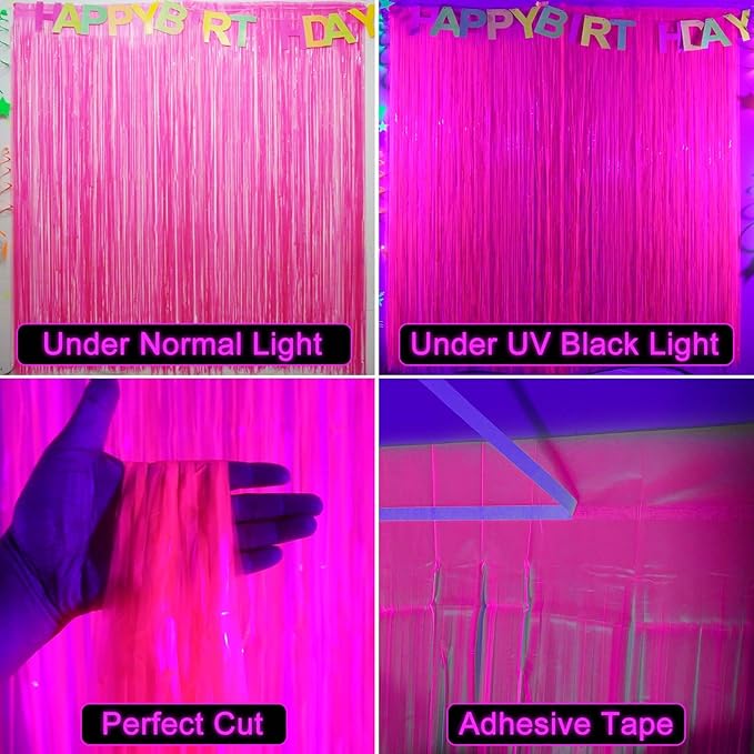 2 Pack Glow in The Dark Foil Fringe Curtains, 3.3 x 6.6 ft Fluorescent Macaron Fuchsia Tinsel Backdrop Neon Party Photo Booth Prop Streamer Birthday Wedding Blacklight Party Supplies Decor