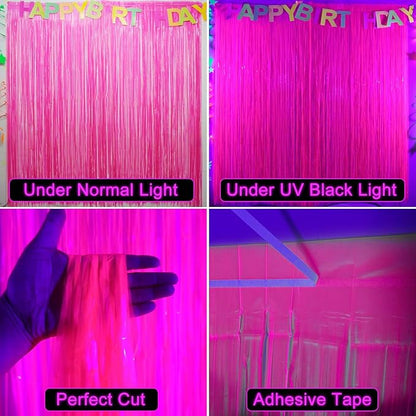 2 Pack Glow in The Dark Foil Fringe Curtains, 3.3 x 6.6 ft Fluorescent Macaron Fuchsia Tinsel Backdrop Neon Party Photo Booth Prop Streamer Birthday Wedding Blacklight Party Supplies Decor