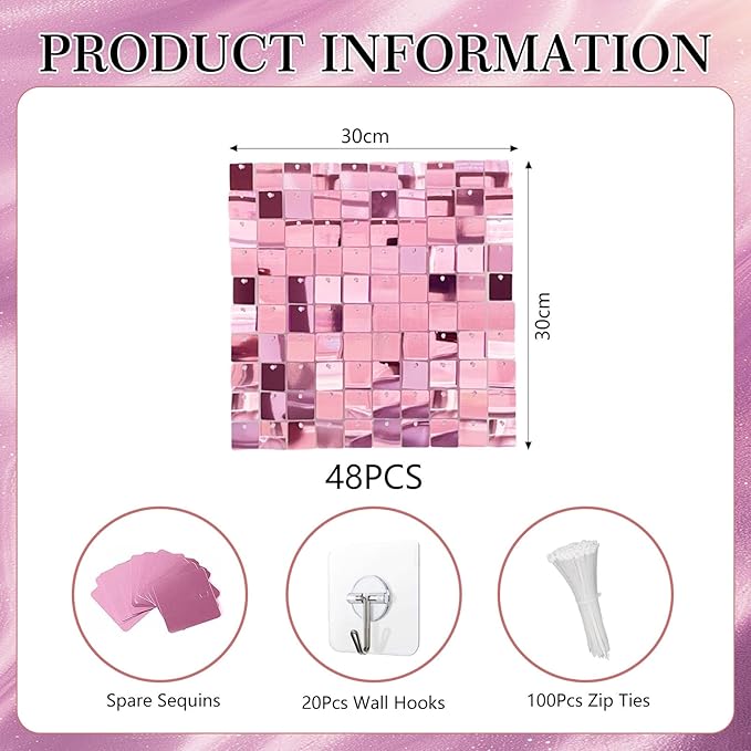 48 PCS Light Pink Shimmer Wall Backdrop, Square Sequin Photo Backdrops Panel, Glitter Wall Background for Birthdays, Weddings, Halloween, Engagements, Disco Bachelorette Party Decoration (6FTx8FT)