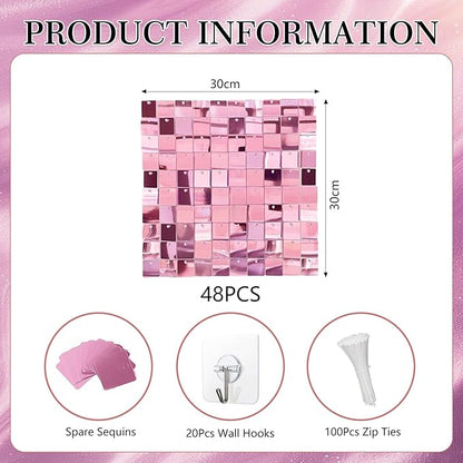 48 PCS Light Pink Shimmer Wall Backdrop, Square Sequin Photo Backdrops Panel, Glitter Wall Background for Birthdays, Weddings, Halloween, Engagements, Disco Bachelorette Party Decoration (6FTx8FT)