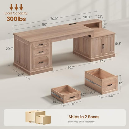 SEDETA Farmhouse 70.9" Executive Desk, Home Office Desk with File Drawers and Storage Cabinet, Computer Desk with Power Outlet for Home Office, Work Study Writing, Natural Oak
