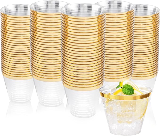 Ciaell 300PCS Gold Plastic Cups - 9Oz Heavy Duty Plastic Cups - Gold Rimmed Disposable Cup - Disposable Clear Wine Cup with Gold Rim for Party & Wedding & Thanksgiving