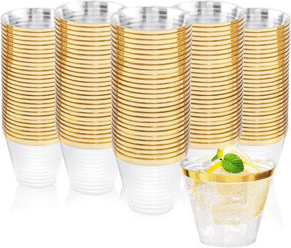Nervure 120PCS Gold Plastic Cups - 9Oz Gold Rimmed Plastic Cups - Heavy Duty Disposable Clear Cup with Gold Rim Perfect for Weddings, Receptions & Parties
