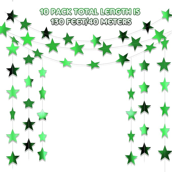 Patelai Glitter Star Garland Banner Christmas Decor 130 Feet Star Hanging Bunting Banner Twinkle Backdrop for Homecoming Classroom Wedding Birthday Halloween Party Supplies(Green)