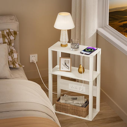 3 Tier Small Narrow Bamboo Side Table Set of 2 with Charging Station - Skinny Nightstand for Small Spaces, Slim Bedside Table with USB Ports and Outlets - Thin End Table with Storage, Grey White