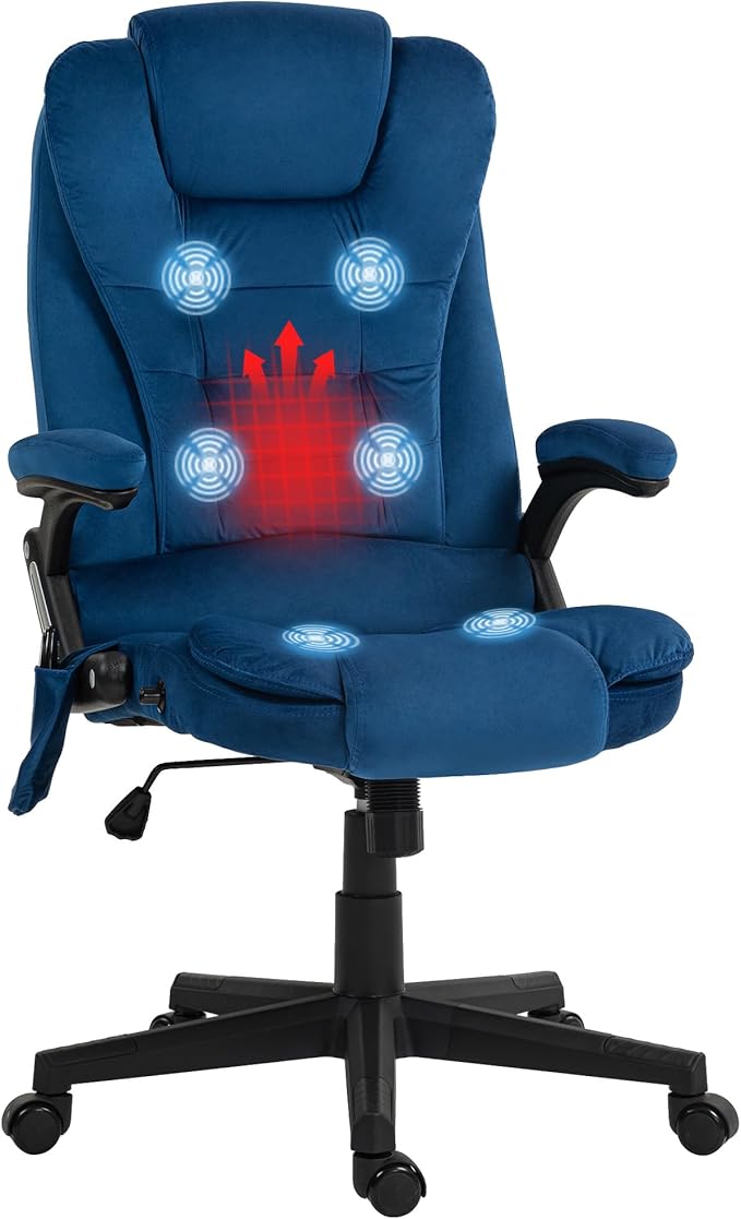 HOMCOM Executive Office Chair with 6 Points Vibration Massage and Heated Lumbar Support, Velvet High Back Computer Chair with Reclining Backrest, Tilt Function and Padded Armrests, Drak Blue