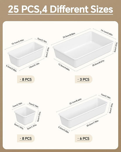 25 PCS Plastic Drawer Organizers Set, 4 Sizes Vanity Organizer, Makeup and Desk Drawer Organizer Trays, Organization and Storage for Makeup, Bathroom, Kitchen Utensils and Office (White)