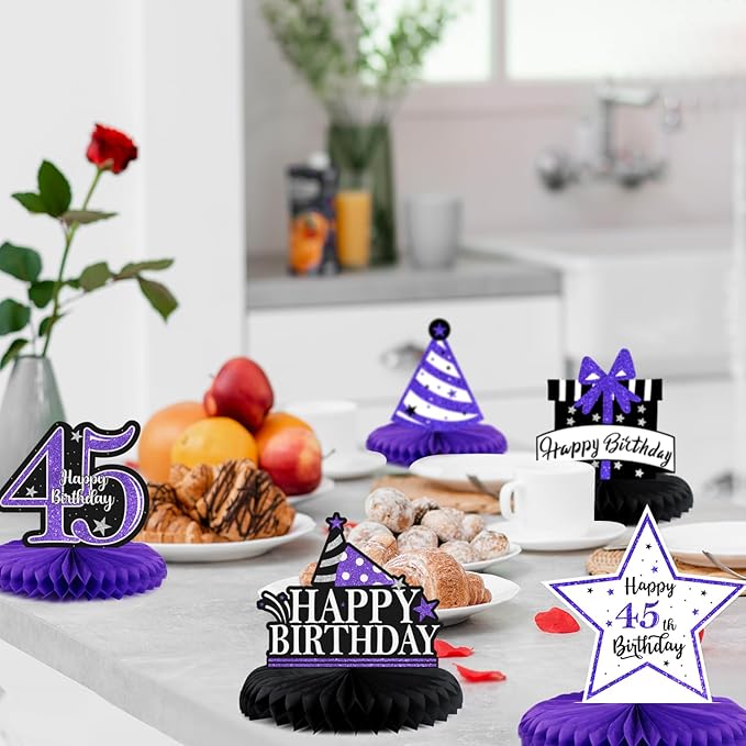 Happy 45th Birthday Decorations,45th Bday Purple Glitter Shiny Stand Honeycomb Table Centerpieces - Cheers to 45 Years Old Birthday Party Photoprop Gift Sign.