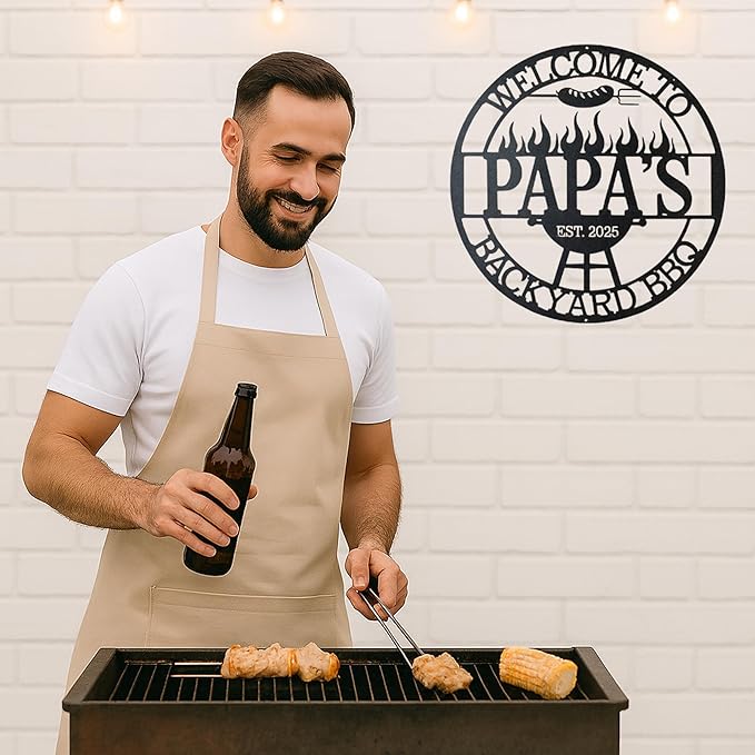Custom BBQ Metal Wall Art, Personalized Grill Name Cut Sign for Outdoor Kitchen and Backyard Patio, Rustic Barbecue Gift