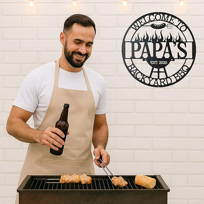 Custom BBQ Metal Wall Art, Personalized Grill Name Cut Sign for Outdoor Kitchen and Backyard Patio, Rustic Barbecue Gift