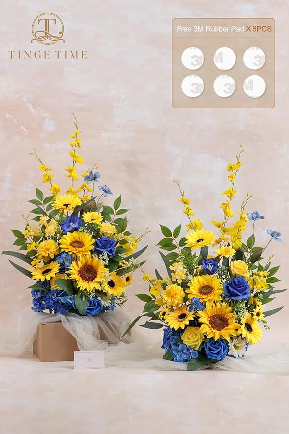 TINGE TIME Free Standing Artificial Sunflower Flowers Set of 2, Wedding Arch Altar Stage Decorations, Silk Fake Flower for Wedding Centerpiece Archway Aisle Welcome Entrance (Sunflower&RoyalBlue)