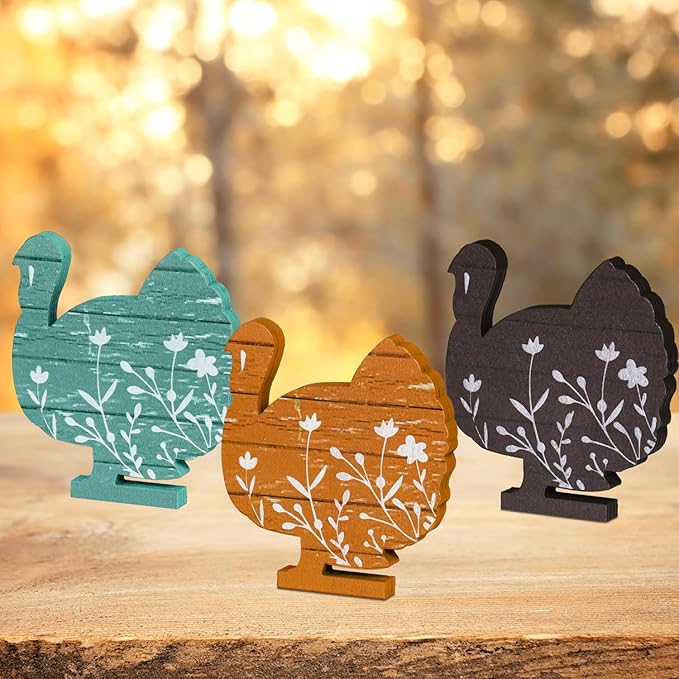 Smile 3 Pcs Wooden Blocks Colorful Turkey Signs, Thanksgiving Decor Indoor, Table Tiered Tray Kitchen Decorations