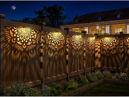 6 Pack Solar Fence Lights Outdoor Wall Lights Plastic Solar Powered Deck Step Stair Lights Moon Theme Waterproof Fence Solar Light for Garden Post Patio Backyard Yard Decor (Gold, 6 Pack)