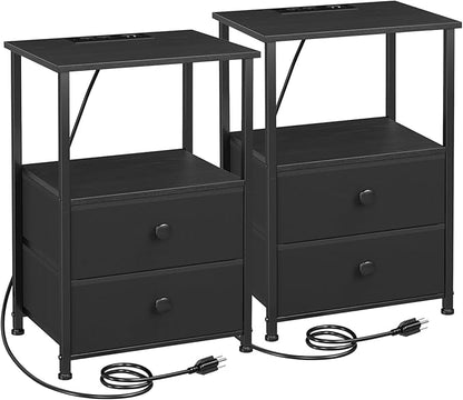 Night Stand Set 2, Black Nightstand with Charging Station, End Tables with Storage Shelf for Small Spaces, Bedside Table Side Tables with 2 Fabric Drawers for Bedroom, HETS020BK
