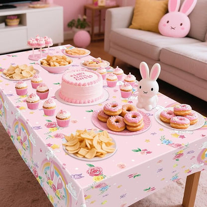 4 Pack Pink Bunny Party Tablecloth Supplies, Rabbit Rectangle Plastic Tablecloth for Rectangle Tables Gilrs Birthday Party Supplies Favors 51'' X 86''