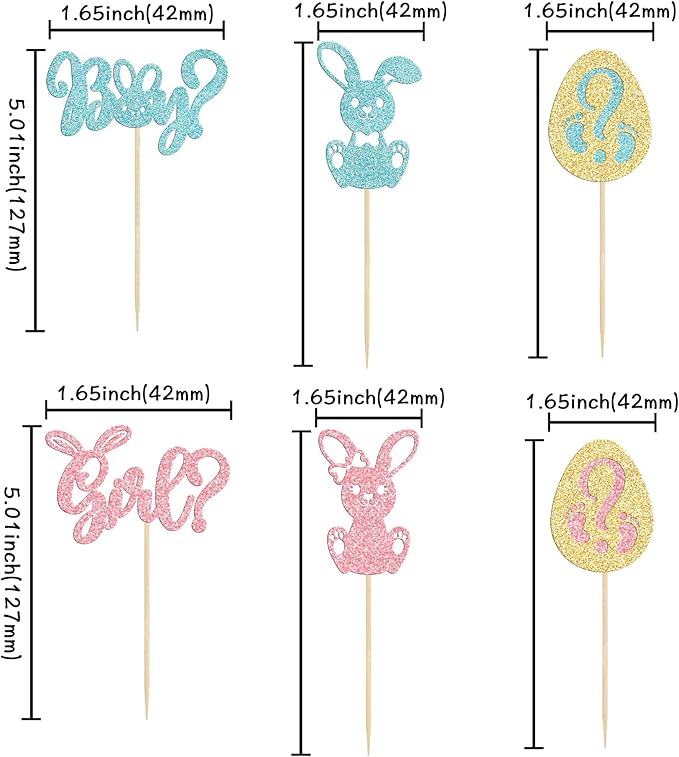 24pcs Gender Reveal Cupcake Toppers - Blue Pink Glitter Bunny Egg Cake Picks - Happy Easter Cake Decorations - Bunny Easter Theme Spring Theme Babyshower Birthday Party Decorations