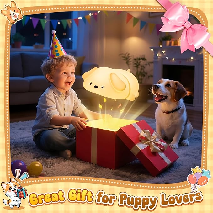 One Fire Squishy Silicone Dog Night Light for Kids—16-Color Gradient Breathing Lamp with 25Hr Battery, Tap Control & Portable Design for Nursery/Bedroom/Travel