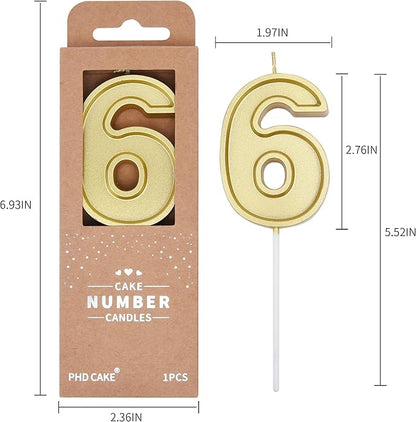 PHD CAKE 2.76 Inch Luxe Gold 6 Number Birthday Candles, Gold Number Candle, Cake Number Candles, Party Celebration