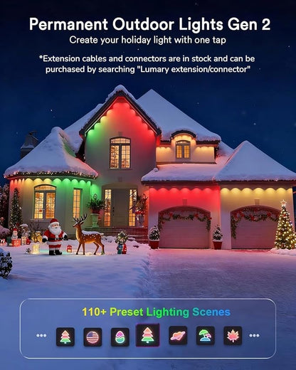 Lumary Permanent Outdoor Lights 2 with Remote, Slide-Base, 100ft with 60 RGBAICW LEDs for House Daily & Accent Lighting, 110+ Scene Modes for Christmas Outdoor Decor, Work with Alexa Google, White