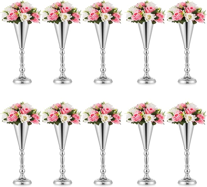 Sliver Vase Centerpiece Table Decorations - 10 Pcs Metal Tabletop Flower Stand, Wedding Decorations for Reception, 16.5in Trumpet Tall Flower Vase for Birthday, Weddings, Anniversary, Home Decor