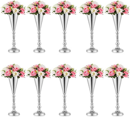 Sliver Vase Centerpiece Table Decorations - 10 Pcs Metal Tabletop Flower Stand, Wedding Decorations for Reception, 16.5in Trumpet Tall Flower Vase for Birthday, Weddings, Anniversary, Home Decor