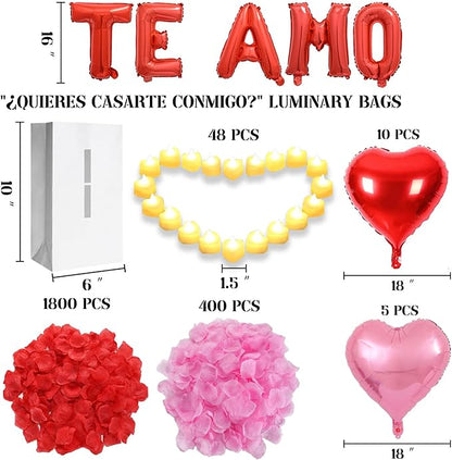 ¿Quieres casarte conmigo? Lighted Letters Sign 17pcs Luminary Paper Bags 2200pcs Red Pink Artificial Rose Petals 48pcs Flameless LED Candle Tealight 15pcs Heart Balloons Romantic Night Valentine's Day